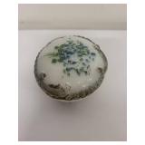 Antique Milk Glass Trinket Box with Blue Floral Design
