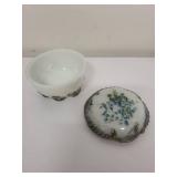 Antique Milk Glass Trinket Box with Blue Floral Design