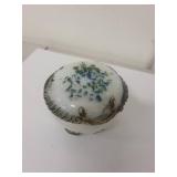 Antique Milk Glass Trinket Box with Blue Floral Design