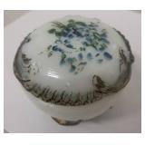 Antique Milk Glass Trinket Box with Blue Floral Design
