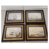 Set of 4 Framed Nautical Ship Prints with Gold Trim