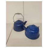 Set of 2 Blue Speckled Enamelware Camp Kettles