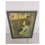Framed Vintage Print of Girl Watching Bird with Rustic Frame