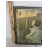 Framed Vintage Print of Girl Watching Bird with Rustic Frame