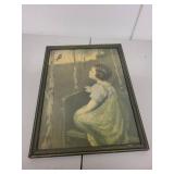 Framed Vintage Print of Girl Watching Bird with Rustic Frame