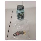 Vintage Ball Mason Jar with Assorted Buttons and Minnesota Chauffeur Badges