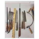 Vintage Butcher Knife Set with Steel Sharpeners, Cleaver and Meat Saw