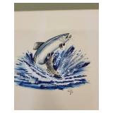 Signed Block Print of Leaping Fish with Mat, 12x12 Inches