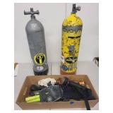 Lot of 2 Vintage Scuba Tanks with Regulators and Diving Accessories