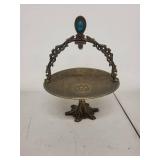 Vintage Brass Pedestal Dish with Ornate Handle and Blue Accent Made in Israel