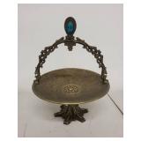 Vintage Brass Pedestal Dish with Ornate Handle and Blue Accent Made in Israel