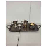 Silver Plated Tea Set with Tray, Creamer, Sugar Bowl, and Accessories