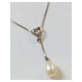 Sterling Silver Lariat Style Heart & Pearl Necklace
