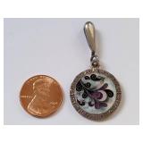 Ornate Sterling Cloisonne Round Pendant with Purple Stones