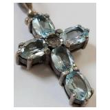 Sterling Silver Cross Pendant with Blue Stones