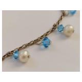Sterling Silver Chain Necklace with Blue Crystals and White Pearls