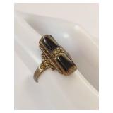 Vintage 925 Silver Ring with Black Stone and Detailed Decor
