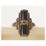 Vintage 925 Silver Ring with Black Stone and Detailed Decor