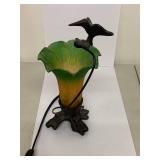 Vintage Decorative Table Lamp with Bird Motif and Colorful Glass Shade