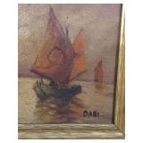Vintage Signed Landscape Painting of Boats on Water