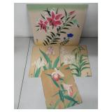 Collection of 4 Vintage Floral Artworks on Paper
