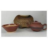 Vintage Ceramic Chinese Teapot, Bowl, and Leaf-Shaped Tray Set