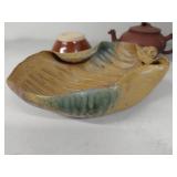 Vintage Ceramic Chinese Teapot, Bowl, and Leaf-Shaped Tray Set