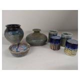 Set of 7 Artisan Ceramic Vases and Cups with Unique Glazes