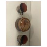 John Freimark Pottery Set: 2 Mugs & Lidded Pot