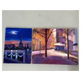 Set of 2 Original Canvas Paintings Featuring Parisian Night Scenes
