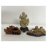 Set of 3 Vintage Chinese Soapstone Carvings with Wood Bases