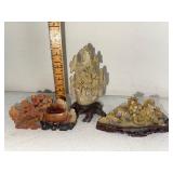 Set of 3 Vintage Chinese Soapstone Carvings with Wood Bases