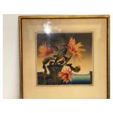 Framed Floral Flowering Cactus Signed in pencil 