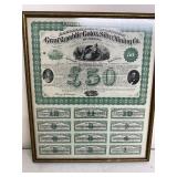Antique Framed United States Great Republic Gold and Silver Mining Stock Certificate with Coupons