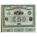 Antique Framed United States Great Republic Gold and Silver Mining Stock Certificate with Coupons