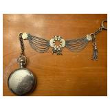 Vintage Elgin Pocket Watch on Ornate Multi-Chain Necklace with Fob & Locomotive Engraving