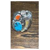Sterling Bear Claw Turquoise and Coral ring size 12!