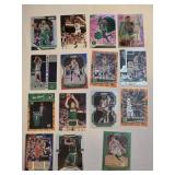 Lot of 15 Boston Celtics Basketball Cards Featuring Players like Kyrie Irving, Larry Bird, Jaylen Brown, Bill Russell and Others