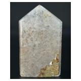 A delicate druzy Golden Healer quartz tower sparkling with a natural crust of tiny crystals atop warm golden tones. Slender and radiant, it amplifies healing, light.