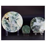 Circular Moss Agate Slabs are beautifully cut and polished slices that showcase the organic, moss-like inclusions moss agate is known for.