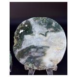Circular Moss Agate Slabs are beautifully cut and polished slices that showcase the organic, moss-like inclusions moss agate is known for.