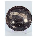 Orthoceras Fossil Bowl is a striking, hand-carved display piece featuring the elongated, jet-black orthoceras fossils embedded in a smooth, polished matrix.