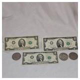 3-1976 $2 Billes and 3 Ike Silver Dollars 1974,76,77