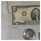 3-1976 $2 Billes and 3 Ike Silver Dollars 1974,76,77