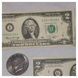 3-1976 $2 Billes and 3 Ike Silver Dollars 1974,76,77