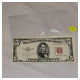1953 Lincoln $5 Red Seal, AU+ Condition