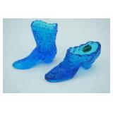 Kanawha Glass Co. blue glass slipper w/Cabbage Rose Pattern; Vintage Fenton Colonial Blue Glass Boot in Daisy & Button Pattern