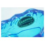 Kanawha Glass Co. blue glass slipper w/Cabbage Rose Pattern; Vintage Fenton Colonial Blue Glass Boot in Daisy & Button Pattern