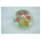 Vintage Art Glass Paperweight Featuring A red Flower and Green Round Base Design