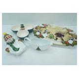 Ceramic Snowman Serving Dishes, Gold Trimmed Christmas Tree Gravy Boat